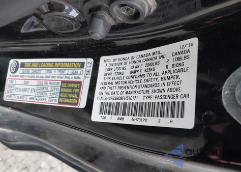 2015 Honda Civic Ex-L z USA, uszkodzony, nr VIN 2HGFG3B08FH510171